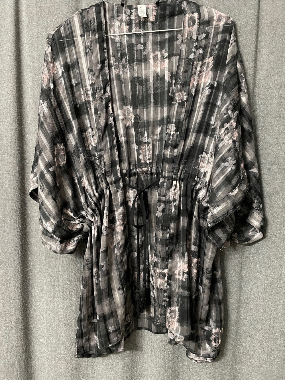 Floral Sheer Tie-Waist Shrug With Sleeves - Black, Pink, Gray